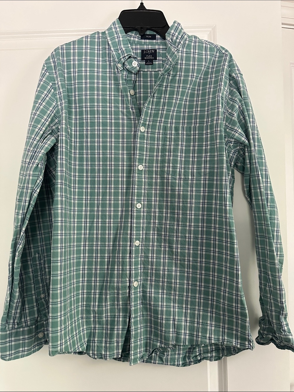 J. Crew Men's Green and White Plaid Button-Down Shirt